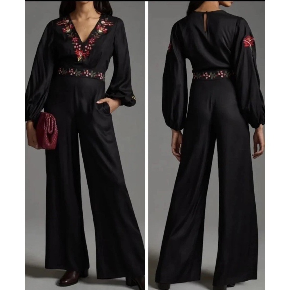 Farm Rio Anthropologie Black Embroidered Wide Leg Jumpsuit XS - Picture 2 of 8
